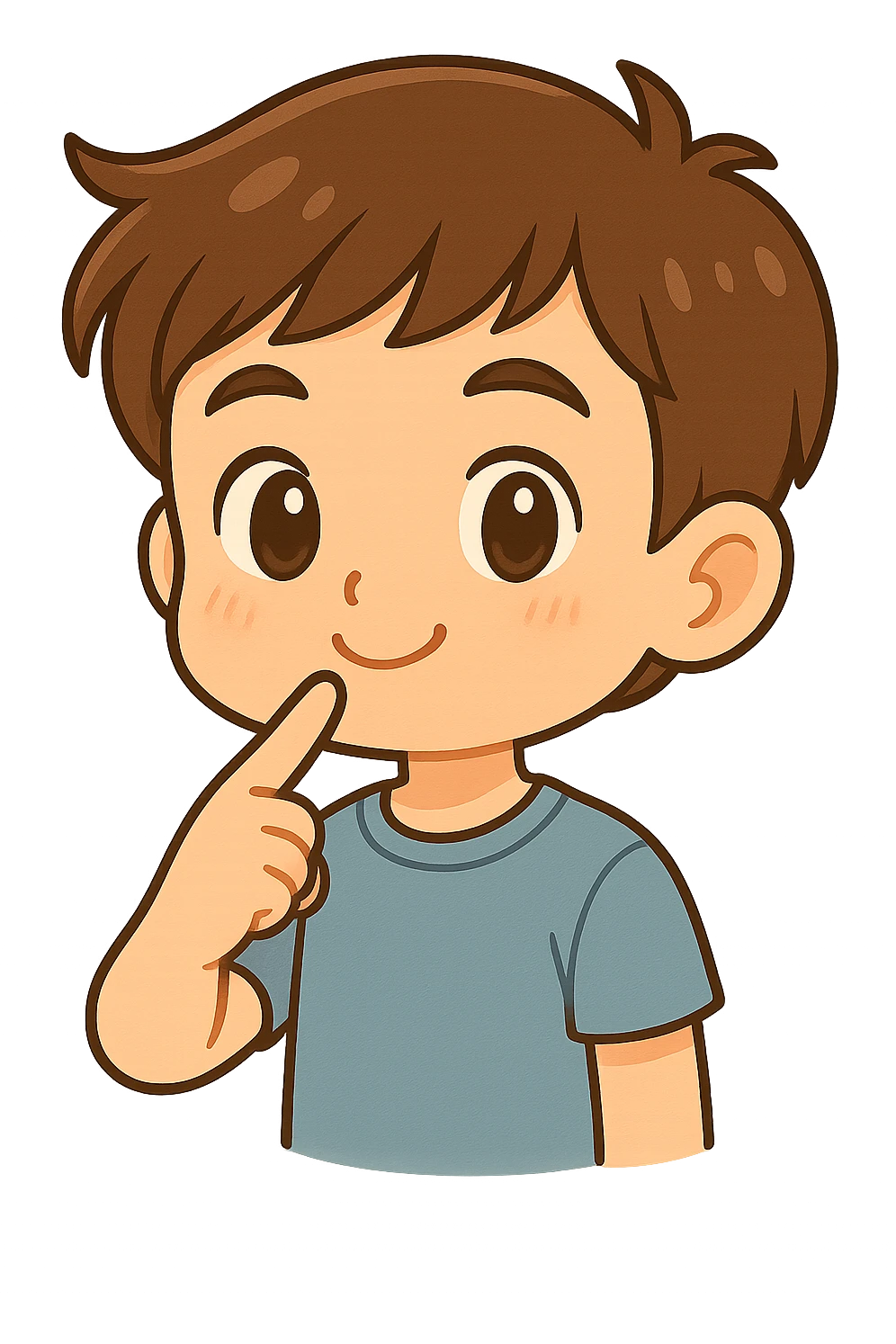 Add a finger pointing to the boy's chin, keep the chibi cartoon style, with no background. emoji