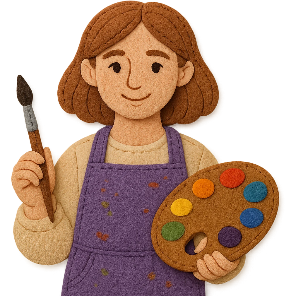 Serene female oil painter, Caucasian features, shoulder-length auburn hair, soft brown eyes, gentle smile, wearing a violet painter’s apron lightly stained with paint over a beige blouse, holding a wooden palette with vibrant colors in one hand and a brush in the other, waist-up, front-facing emoji