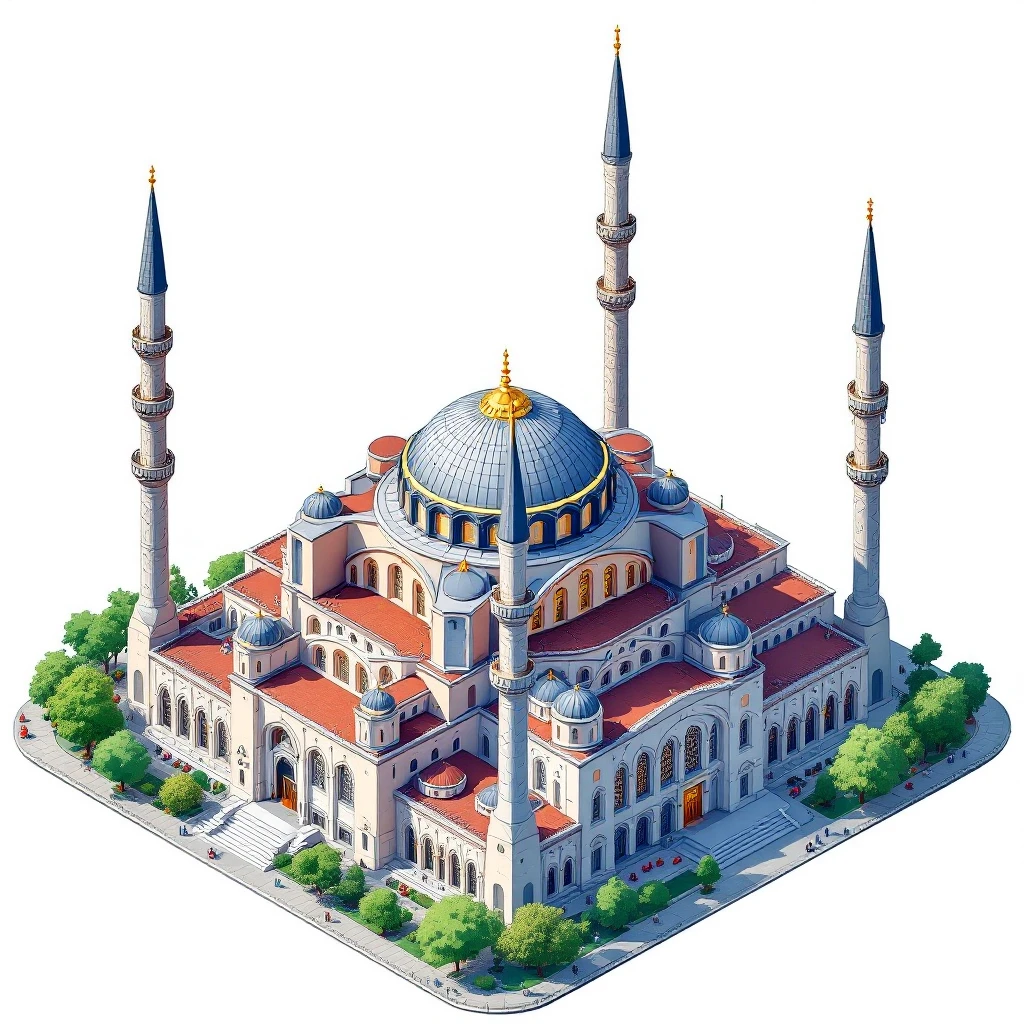 Isometric illustration of Istanbul, featuring real photorealistic Hagia Sophia with ts large central dome and four tall minarets, with real transparent background emoji