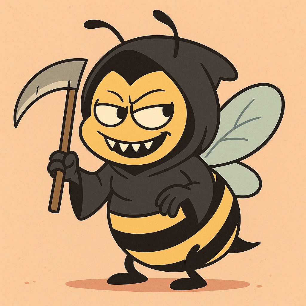 cartoon bee in a grim reaper costume, smiling mischievously, with a small scythe emoji