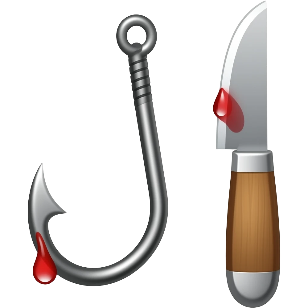 Semi‑realistic illustration of a sharp metal fishing hook hanging next to a small curved knife or blade, a drop of red blood at the tip of the hook, soft reflections on metal, warm vintage tones, painterly shading, transparent background, square, no text. emoji