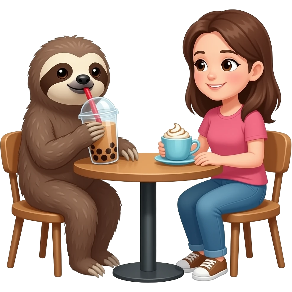 a sloth drinking a boba in a café with a freind who's drinking a hot cocoa emoji