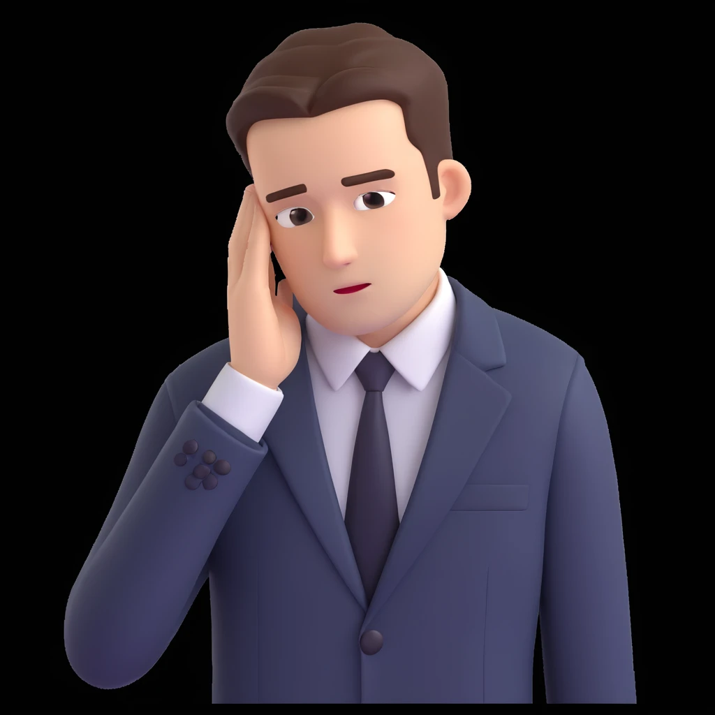 memoji style office worker in a suit, worried face, hand on forehead emoji