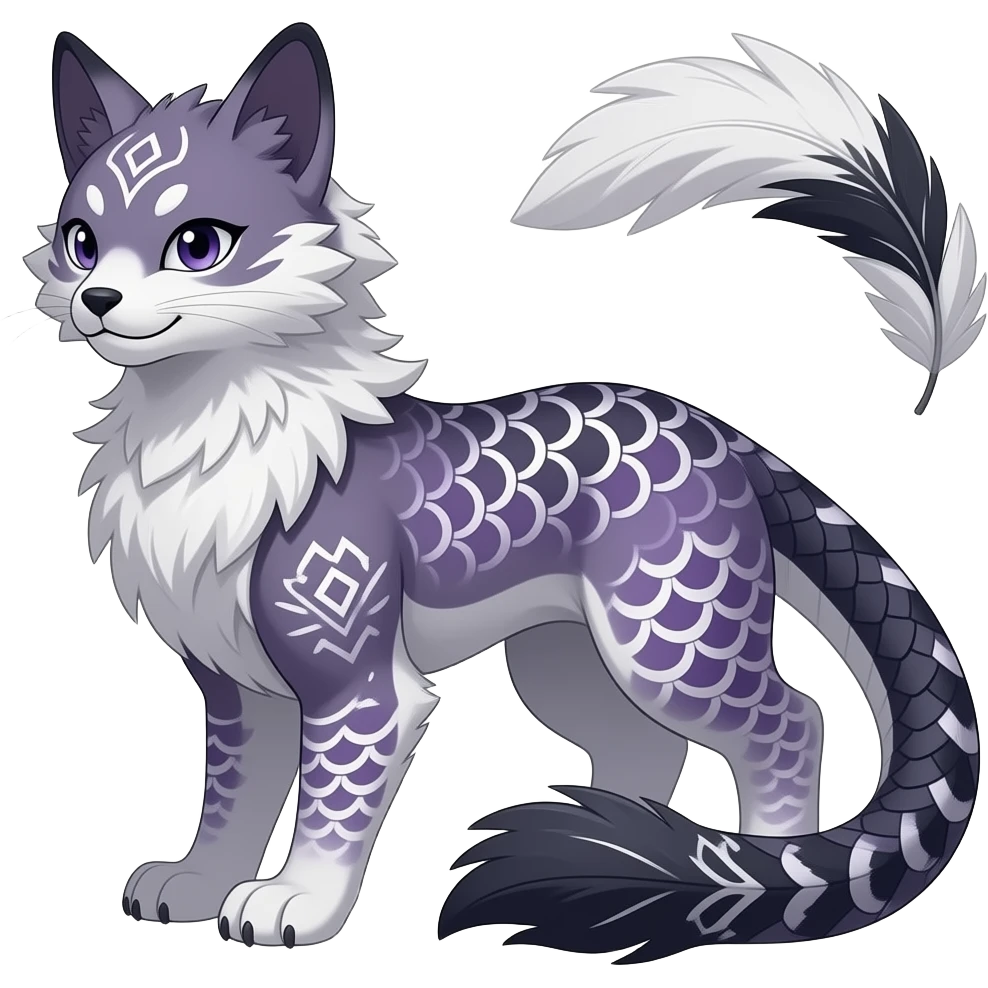 Slim elegant realistic Asian Furry, tribal-marked-patterned feathery fluffy tropical flecked painted feathery scaly, Purple, white, black, Minccino-Bambino-Lykoi-Linoone-Zangoose-fusion-hybrid-animal-Fakémon-creature, full body, thin long sleek scaly tail, intricate markings emoji