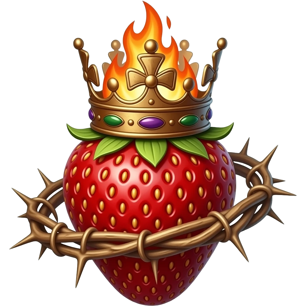 a bronze strawberry with a rusty, richly decorated English royal crown on top that is flaming. An oversized crown of thorns is wrapped around the strawberry's body and is spinning around its body emoji