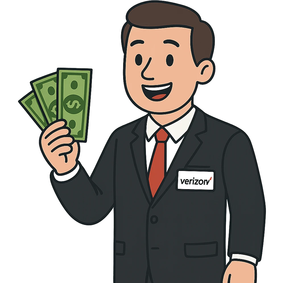 flat toon style Verizon sales man holding cash emoji