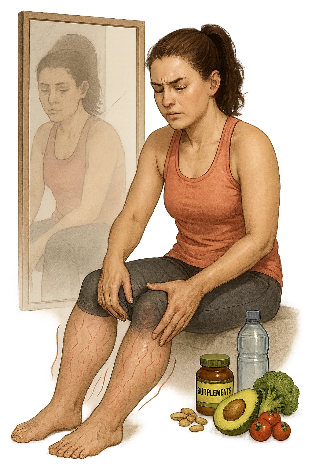 Donna tra i 25 e i 35 anni in abbigliamento sportivo, seduta o in piedi davanti allo specchio, mentre massaggia con forza le sue gambe gonfie, con espressione determinata ma affaticata. Intorno alle gambe si vedono simboli visivi di gonfiore e ritenzione (gambe leggermente arrossate, vene visibili, contorni delle gambe evidenziati da linee simboliche). Sullo sfondo: integratori naturali, alimenti sani e una bottiglia d’acqua, come strumenti di supporto. Atmosfera di lotta personale, luce neutra ma con accenti di speranza. Stile realistico e educativo emoji