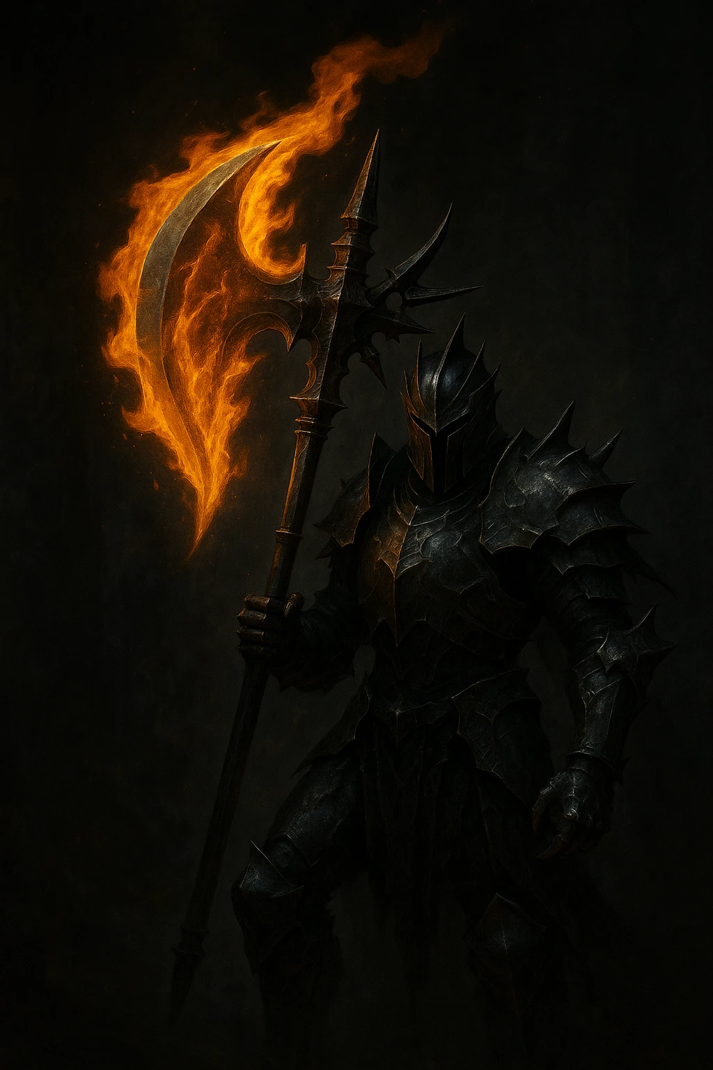 Make the flaming halbert super realistic, held by a scary, armored knight in a dark fantasy setting with dramatic lighting. Keep the background dark and moody, emphasizing realism and fantasy atmosphere. emoji
