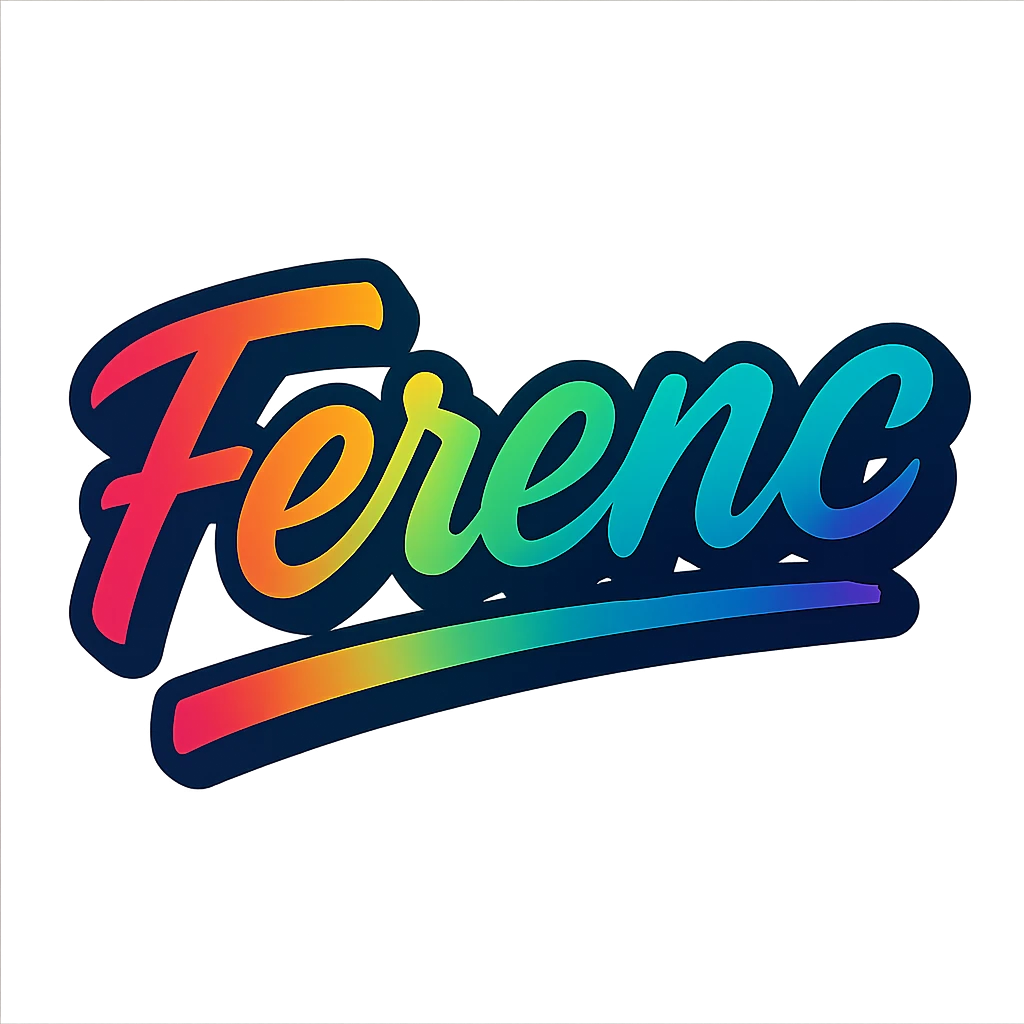 The name Ferenc in a modern, colorful gradient font with a dark outline, on a transparent background, with the name underlined or partially underlined with a dynamic, slanted underline, in the style of the sample images. emoji