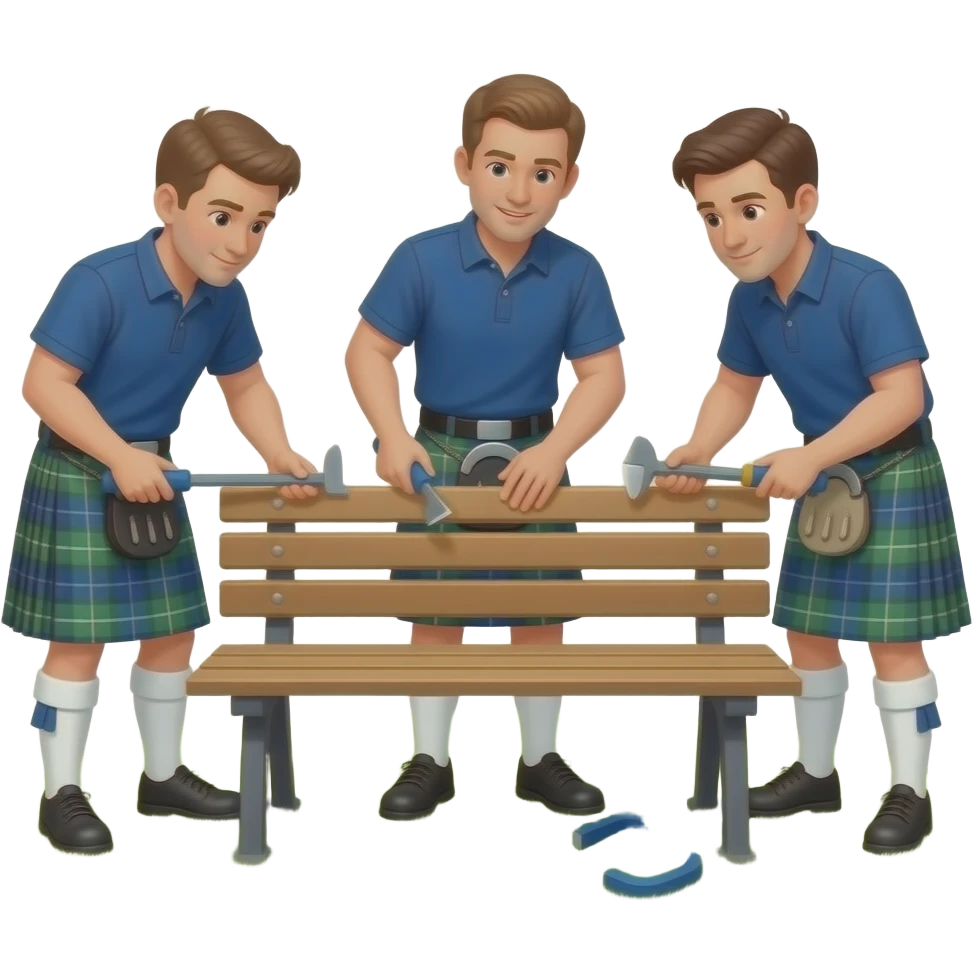 I want an emoji of three scottish man using tools to build a bench in a park emoji