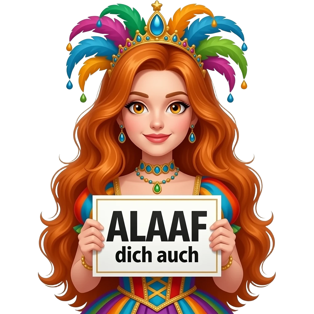 sexy girl with overlong ginger hair and ginger eyes wearing a carneval dress holding a ALAAF dich auch sign emoji