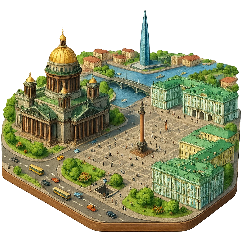 Изометричная миниатюрная фотореалистичная 3D модель Санкт-Петербурга на подставке - Исаакиевский собор, Дворцовая площадь, Зимний дворец и другая центральная часть города, Лахта-центр, четкая детализация, яркие цвета, мультяшный реализм, люди, автотранспорт и метро, компактная композиция, вид сверху в изометрии, прозрачный фон emoji