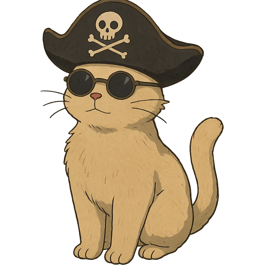 ghibli style cat wearing sunglasses and a pirate hat emoji