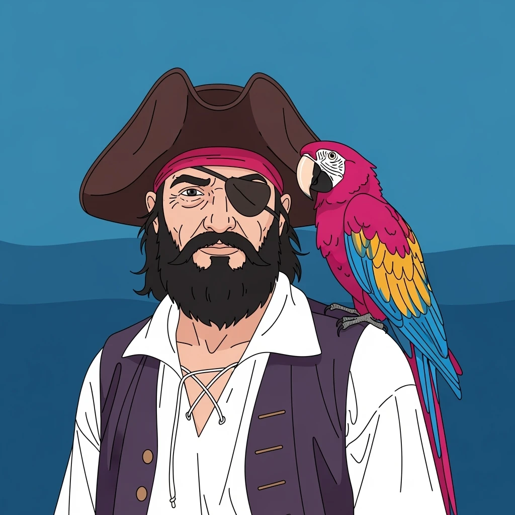 color vector art with thin outline of pirate with eye patch and parrot on shoulder  emoji