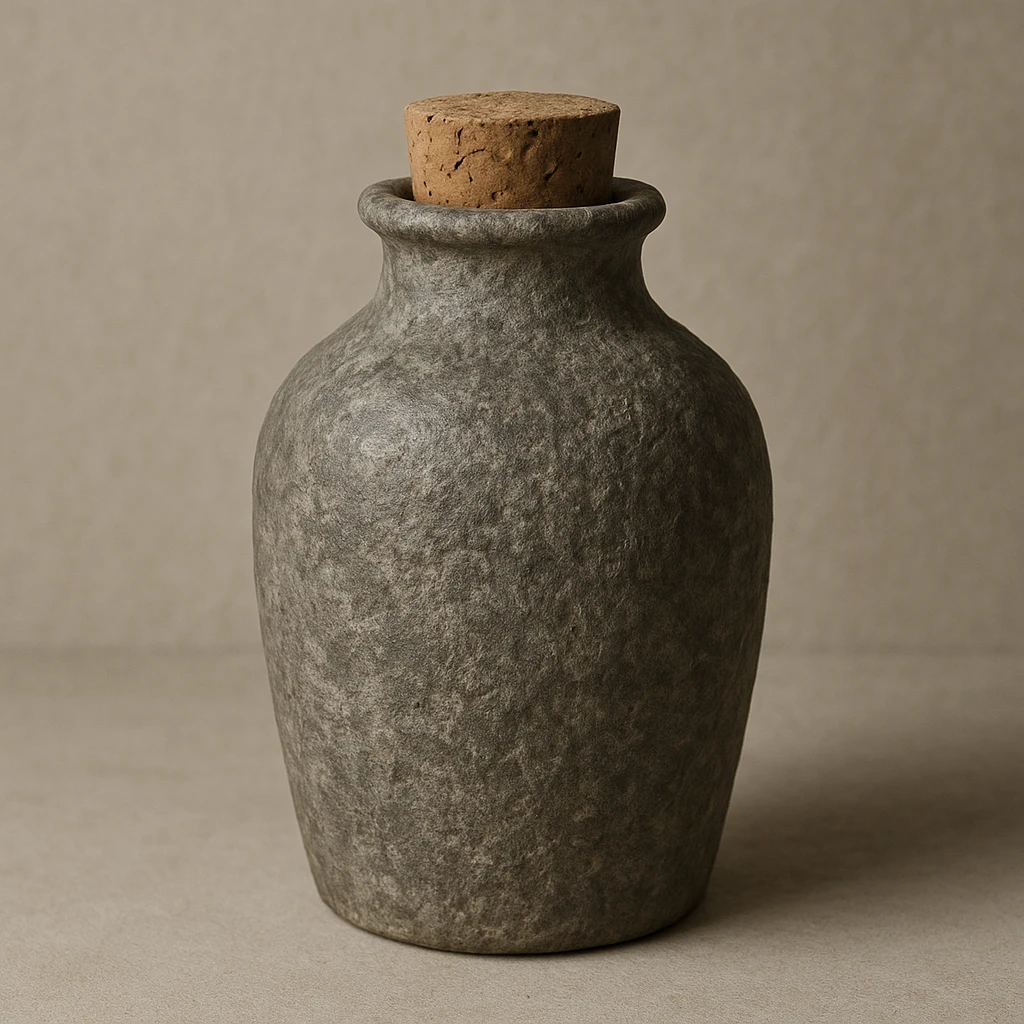 a stone jar for wine, realistic, textured, with a cork stopper, neutral background emoji