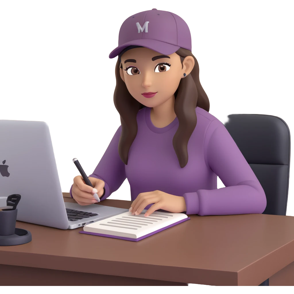 young woman with olive skin and long, dark brown hair, wearing a long-sleeved dark mauve shirt. She is wearing a black baseball cap.. She's sitting at a sleek wooden desk with a hardcover book, and to her right is a white coffee mug, while she looks and types on a silver MacBook.  emoji