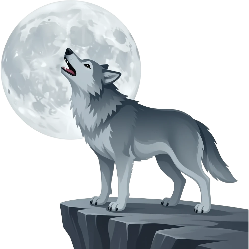 yüksek kayanın üstünde dolunaya karşı uluyan kurt emoji