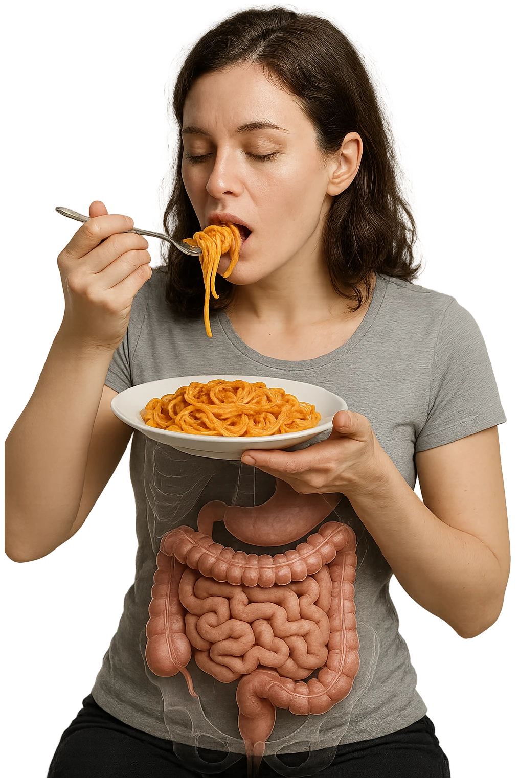 donna con intestino umano anatomico in evidenza che mangia un piatto di pasta, iperrealistico 4k emoji
