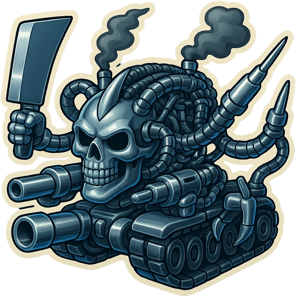 Edit the skull robot tank to have 4 distinct arms, each hand holding a different weapon: a large industrial blade, a blaster, a menacing syringe, and a claw. The exterior metal should be extra shiny silver grey, with inside cables and tech almost black. Add dark shaded smoke from the top. The skull face is smaller, dropped way down and put forward in front of the tank body. The whole subject should be compact and not tall, in a clean outline retro stickers style with transparent background. emoji