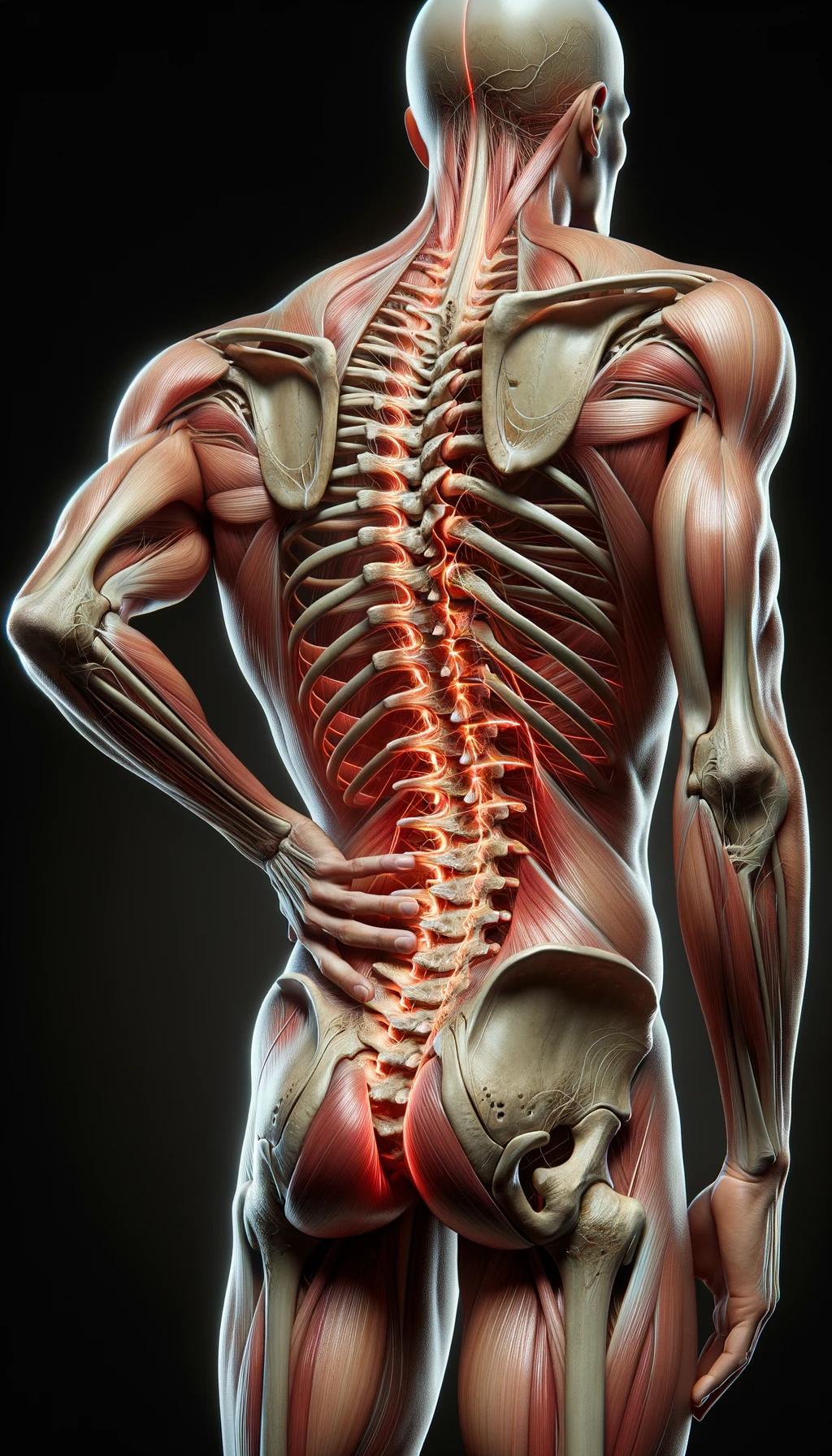 corpo umano anatomico di spalle e fisico storto, spina dorsale in evidenza, dolore alla schiena su un lato, iperrealistico 4k emoji