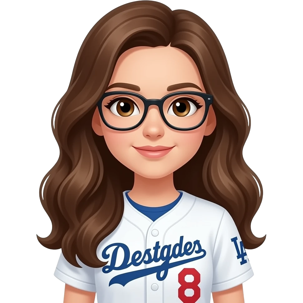 Girl with glasses with brown eyes & long wavy hair wearing dodgers westside up wearing #8 emoji