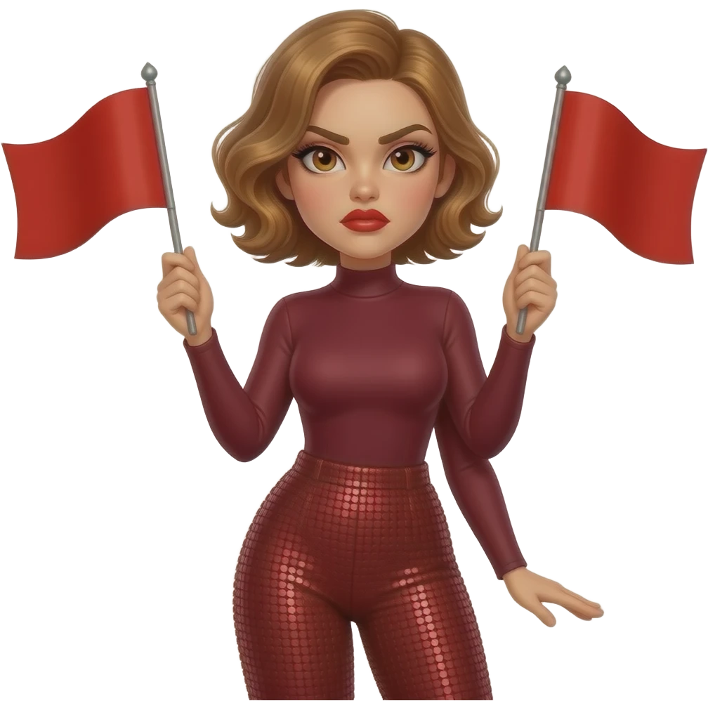 glamours,-tanned,-very-beautiful-woman-with-big-plump-red-lips,-long-lashes,-honey-silky-very short- hair,-wavy-hair,-hazel-eyes- wearing-Burgundy-Long-sleeved-bodysuit-Burgundy- sequinned-pants-Her-eyes-sparkle-and-she-is-frowning.-Hand-up-waving-two-giant-Red-Flag. emoji