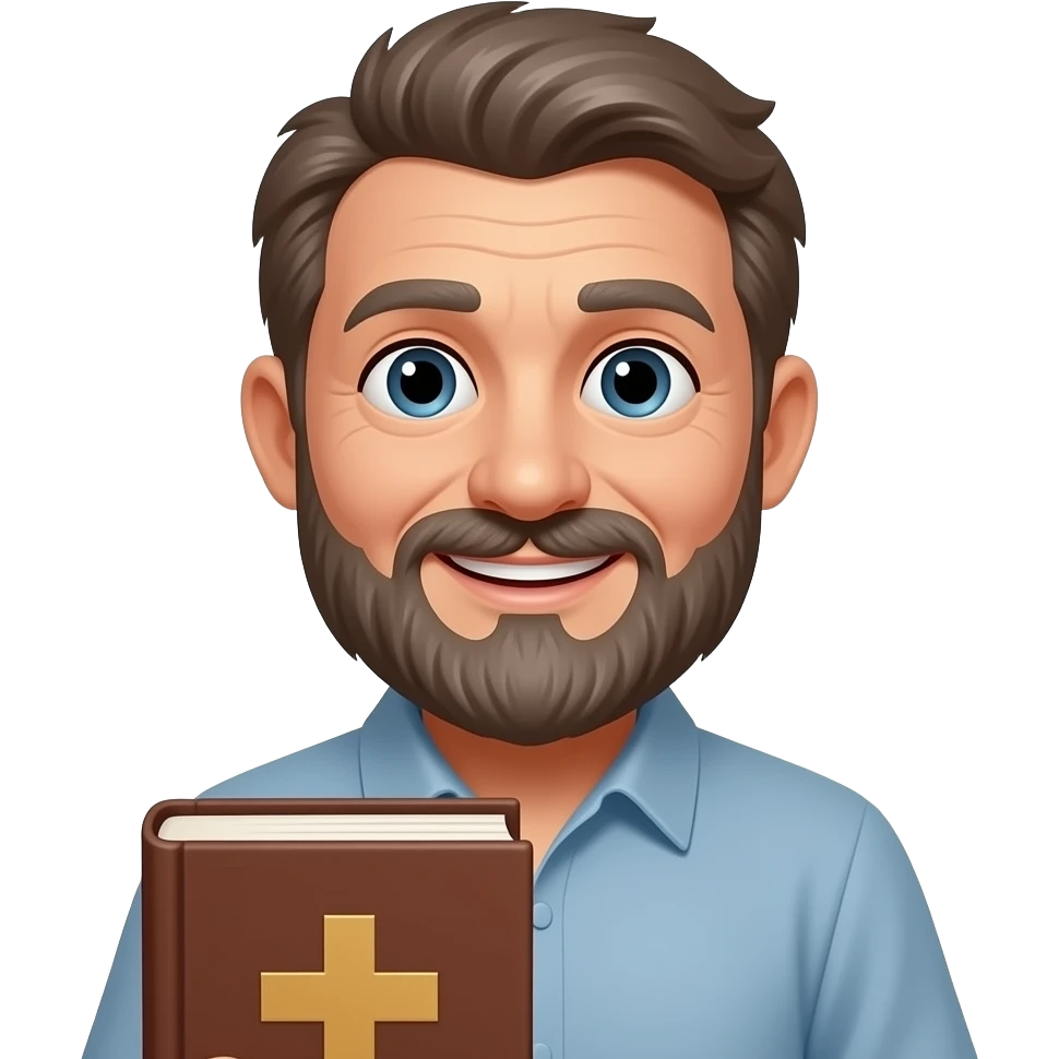 wise old man with grey/brown hair beard eyes smile with book that has a cross on it emoji