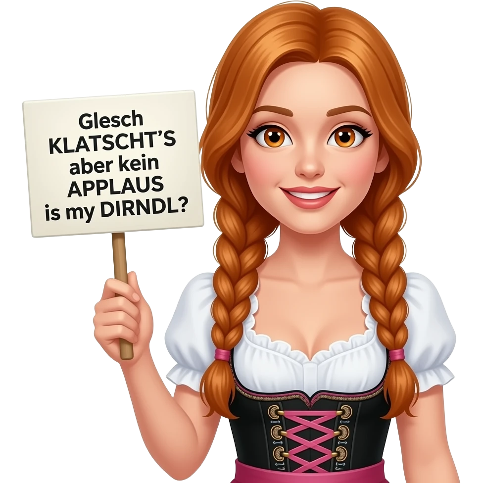 sexy girl with overlong ginger hair in braids and ginger eyes wearing a dirndl holding a Gleich KLATSCHT'S aber kein APPLAUS is my DIRNDL? sign emoji