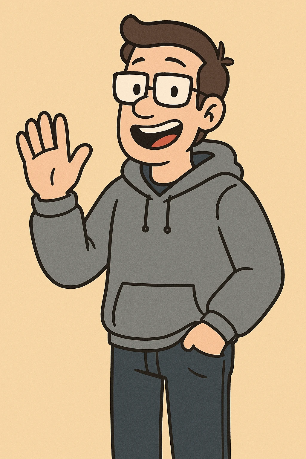 Pastel Yellow shirts Pacific Grey Hoodie dark blue jeans pockets a hand say hello emoji