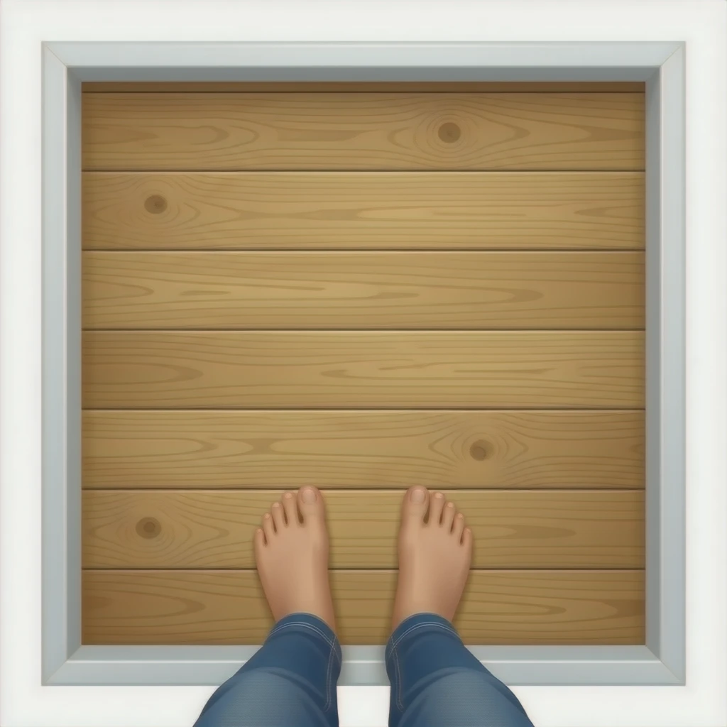 ceiling with exposed floorboards and feet seen standing on the above floor through one of the floorboard gaps emoji