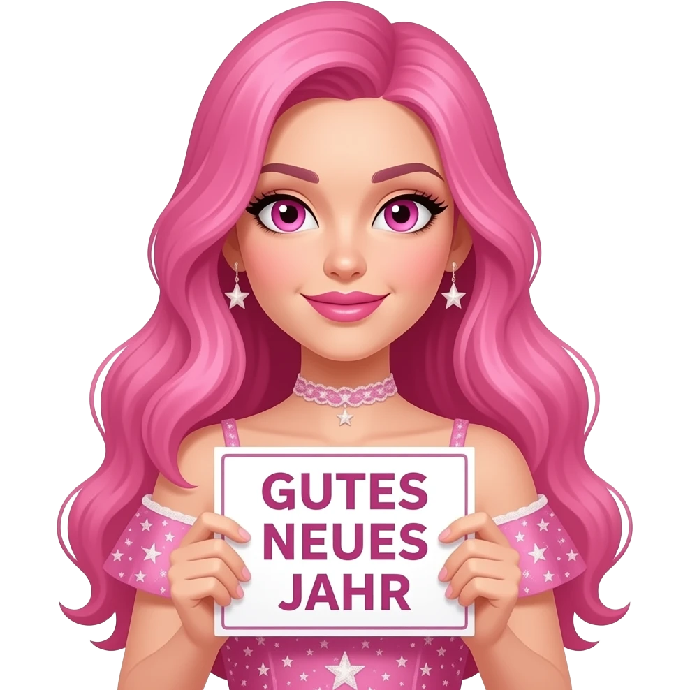 sexy girl with long pink hair and pink eyes wearing a new years dress holding a GUTES NEUES JAHR sign emoji