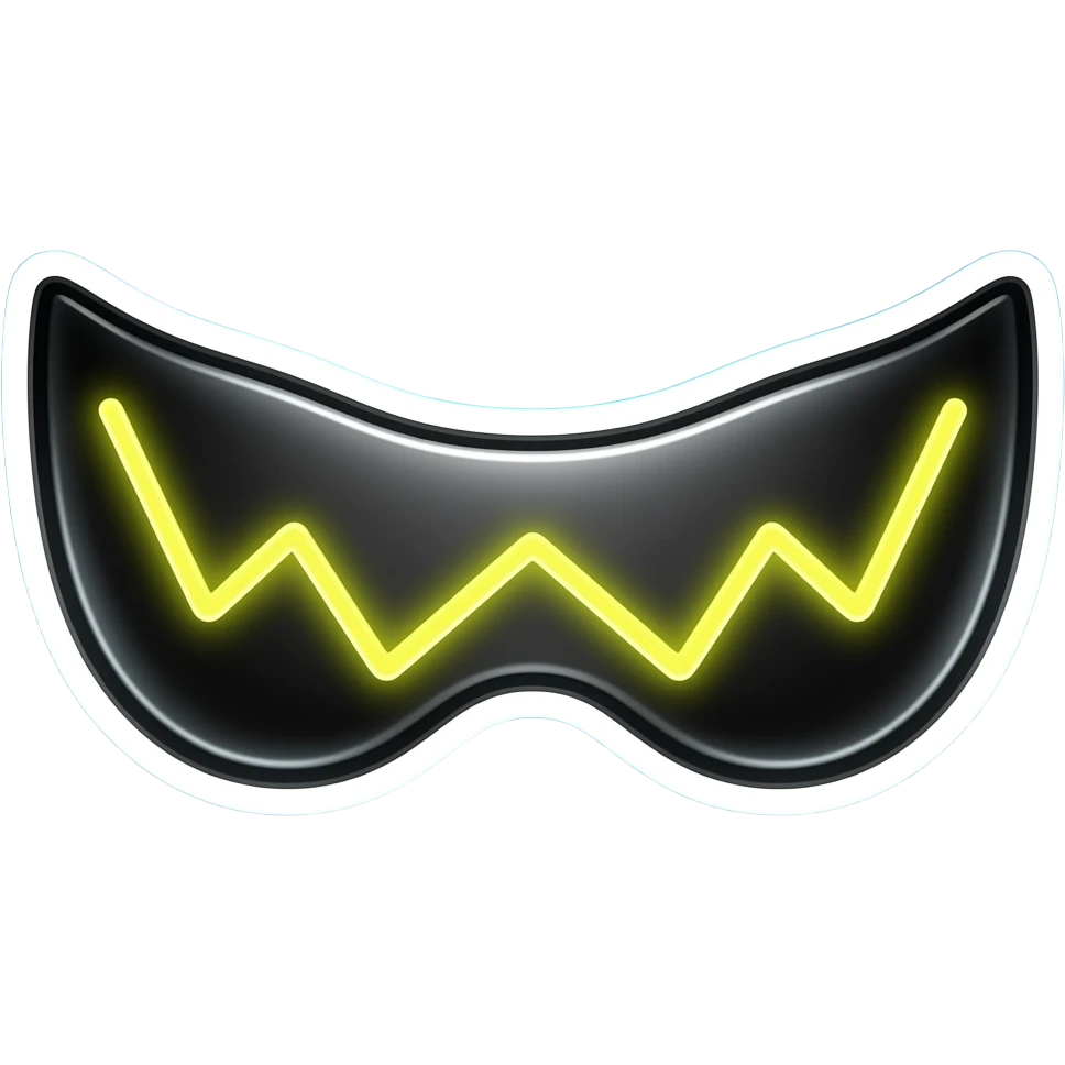 futuristic black mask emoji, smooth curved shape, bright yellow glowing zigzag line, neon effect, minimal design, 3D render, white sticker outline, centered, blue gradient background emoji