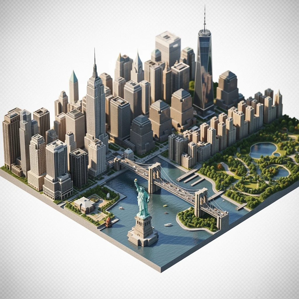 Isometric miniature of New York Сity Empire State Building, One World Trade Center, Statue of Liberty, Brooklyn Bridge, and Central Park 3D miniature effect and Tilt Shift effect, no cartoonish look, transparent background. emoji