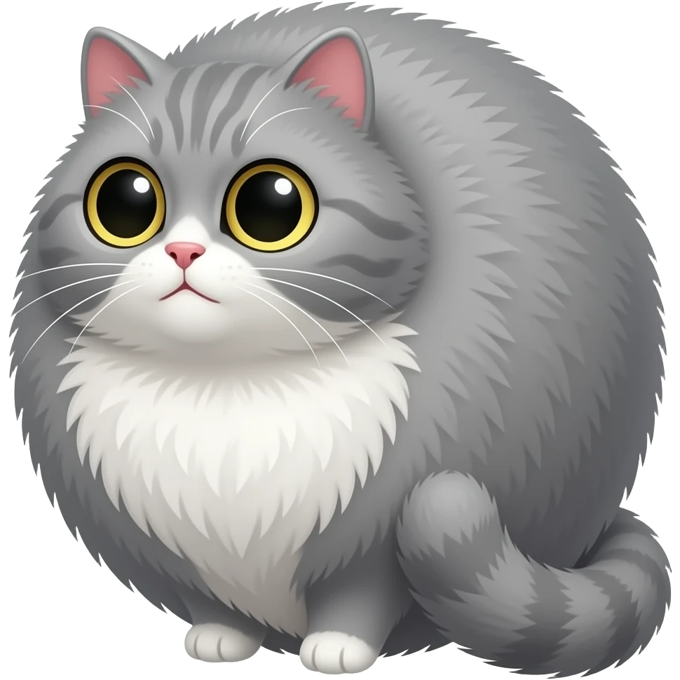 grey cat in looking like a big fluffy round ball qui a tail and big  bulging eyes,  white belly,  cartoon style emoji