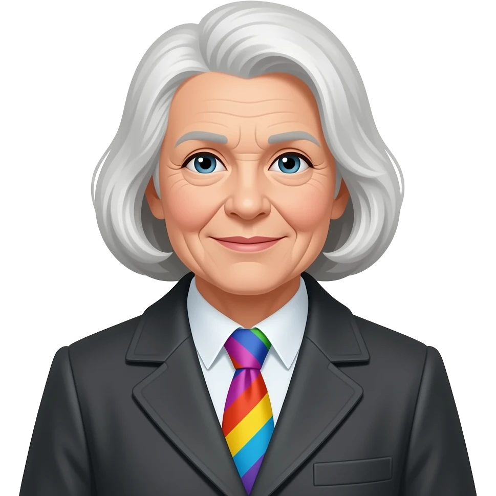 old lady with coat and tie change into multi color tie emoji
