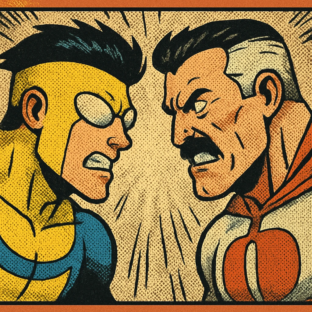 Invincible and Omni-Man facing off, intense expressions, comic book style, dramatic lighting emoji