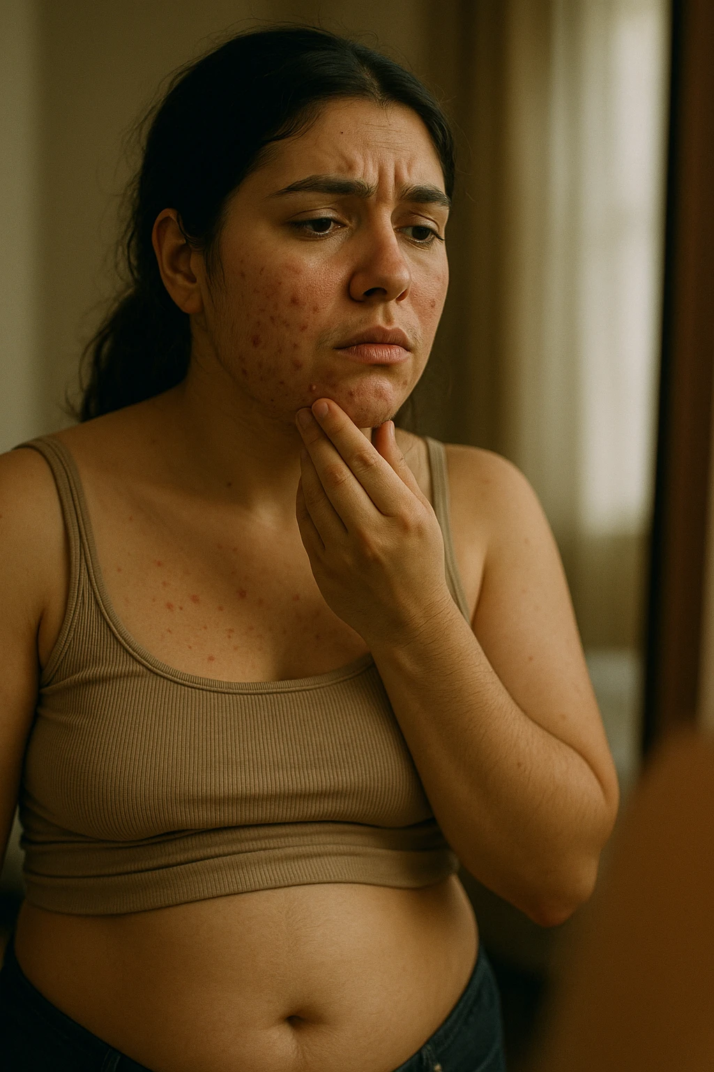 A realistic, cinematic portrait of a young woman in her late 20s standing in front of a mirror, visibly concerned while touching her chin and jawline where small dark facial hairs are noticeable, indicating hirsutism. Her skin appears oily, with a few cystic acne spots on her cheeks and jaw, and her dark hair is slightly greasy, indicating increased sebum production due to androgen excess. Her body shows mild abdominal bloating, and she looks at herself with a mix of frustration and sadness, capturing the emotional struggle linked to PCOS. The scene is set in a softly lit bedroom or bathroom with neutral daylight, with a clear mirror reflection to emphasize self-observation and discomfort. Style: realistic 35mm cinematic look, soft focus on her face and hair details, warm tones to keep it human and relatable emoji