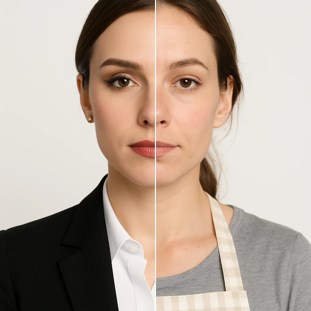 hyper realistic split-image of a woman, one half of her face with professional makeup and business office attire, the other half natural and makeup-free, wearing a kitchen apron like a homemaker, symmetrical composition, white background, clear contrast between the two roles emoji
