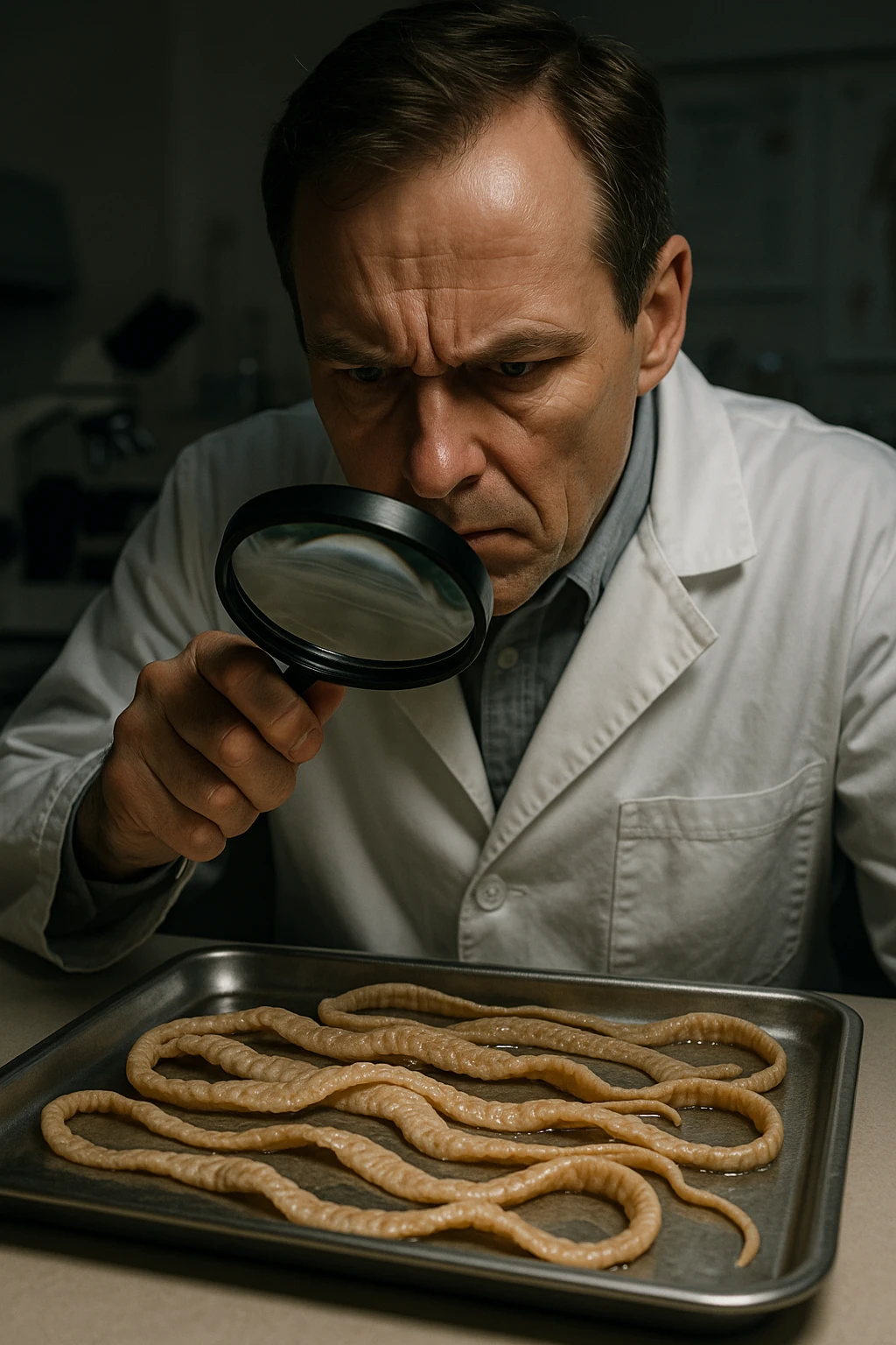 A middle-aged male kinesiologist wearing a pristine white lab coat, intensely analyzing long, beige tapeworms (like Taenia) under a magnifying glass. His expression is focused and slightly concerned, with dramatic studio lighting casting sharp shadows. The parasites are highly detailed, moist, and textured, stretched across a sterile metal tray. The background is blurred but suggests a clinical environment—hints of a microscope, medical charts, and clean lab equipment. The style is hyper-realistic, with a cinematic contrast between the bright white coat and the grotesque, organic forms of the parasites. No sci-fi elements, just raw medical realism with a disturbing edge emoji