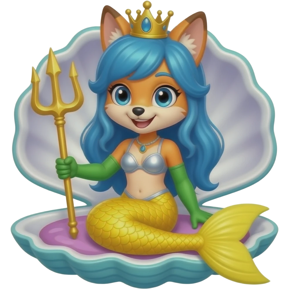 anthro fox  happy yellow mermaid tail  and long green gloves  blue hair crown sliver swimsuit sitting on an open toy clam holding a trident artistic creation, beautiful art cartoon style art kawaii style art clipart art emoji