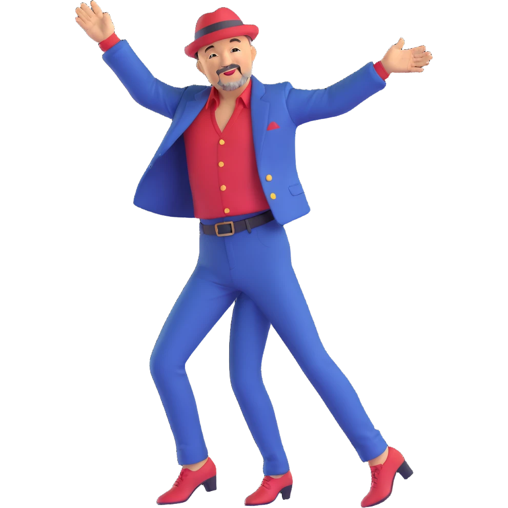 Ruben Blades emoji, salsa dancing, energetic pose, stylish outfit emoji