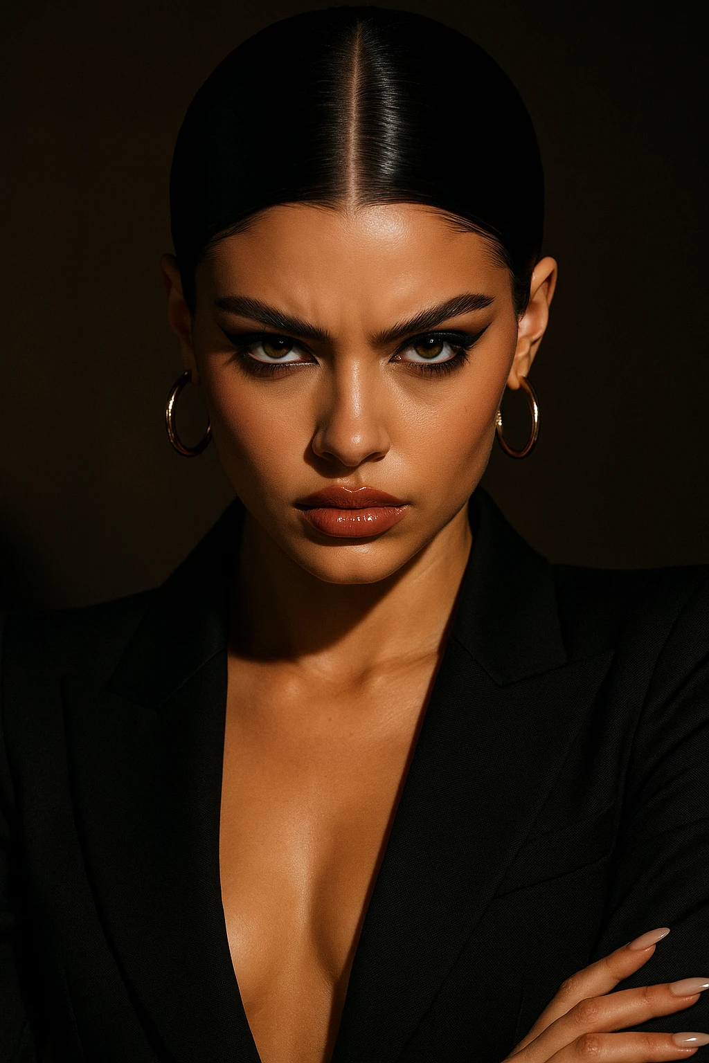 baddie with sleek dark hair, hazel eyes, small nose, glossy lips, fierce pose emoji