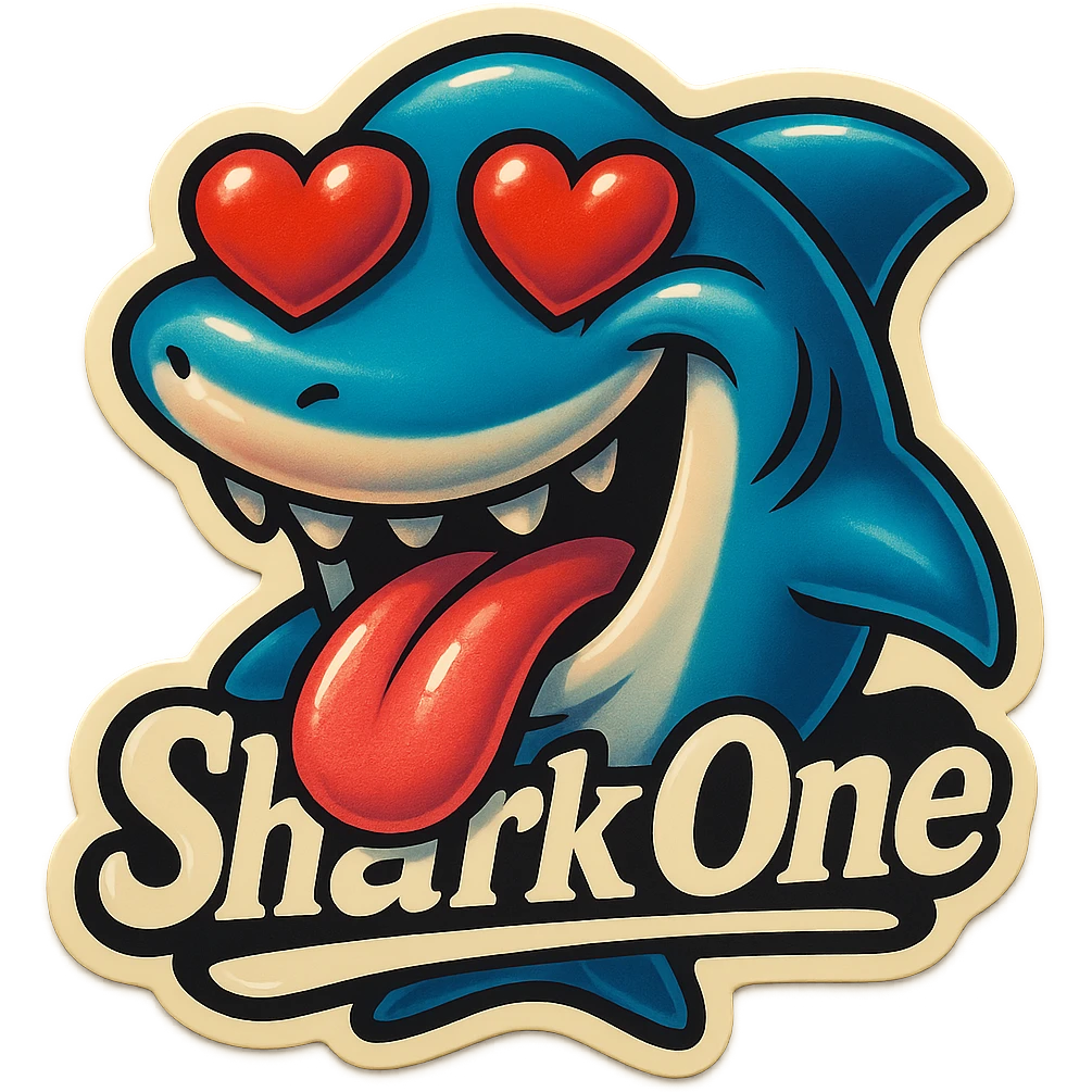 tongue out heart shaped eye add the words “ Shark One " in White emoji
