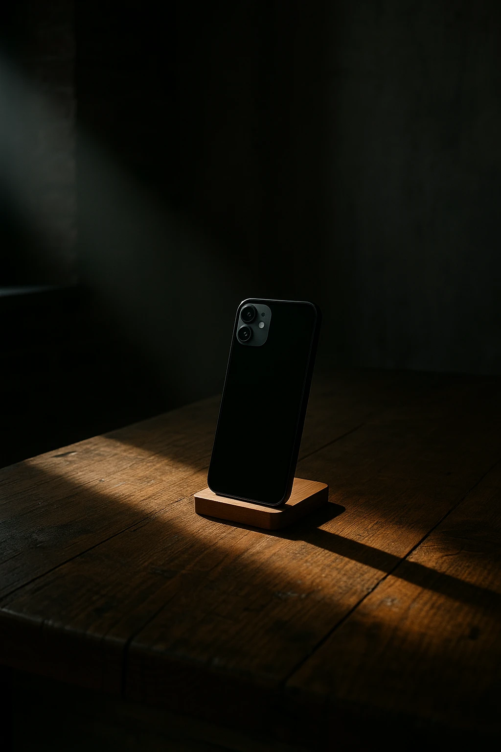 dark room in loft style, iphone lies on a wooden table on a stand, a beam of light shines directly on it and on the table emoji
