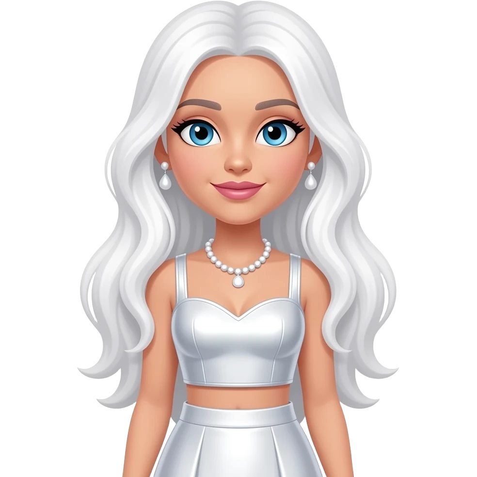 Amaya Raine from Rainbow High with blue eyes, long white hair, white metallic sweetheart crop top and long skirt, white necklace and earrings emoji