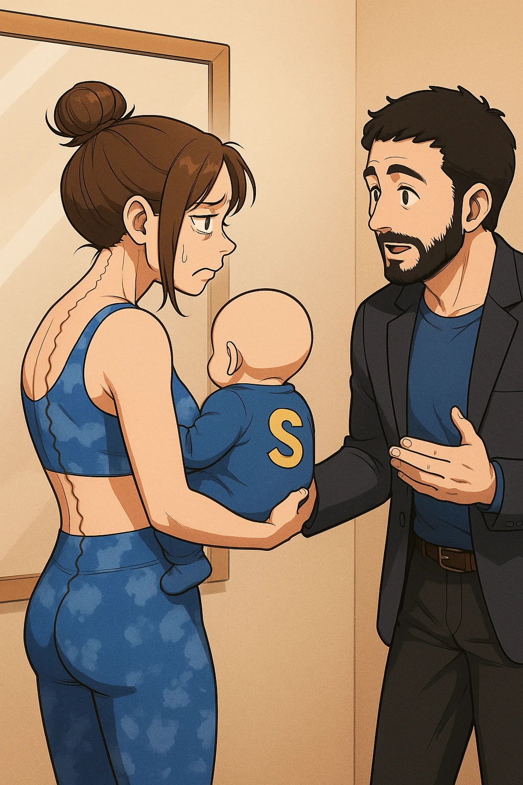 ispirati a questo stile di disegno e fai questa immagine in versione manga/webtoon a colori, il manga mostra la donna che si guarda alla specchio preoccupata di profilo con la postura sbagliata e incurvata, spalle chiuse e curve in avanti, con un neonato in braccio con una tutina azzurra e la scritta "S" sulla schiena, spina dorsale storta della donna in evidenza mentre al suo fianco anche l'uomo guarda la donna riflessa nello specchio e le spiega una cosa, ma non fare i fumetti, fai come se stessero parlando emoji