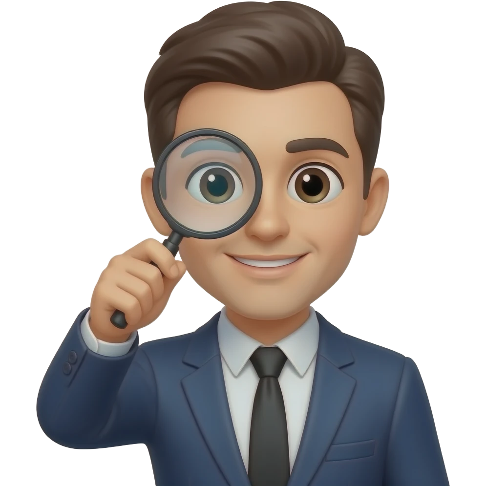 PROFESOR JOVEN EXPERO CON LUPA EN PC emoji