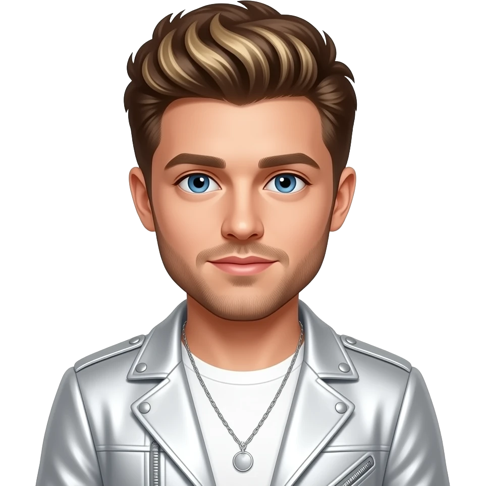 Niall Horan from One Direction with blue eyes, brown hair with blonde ombre, white metallic pop tour outfit, necklace emoji