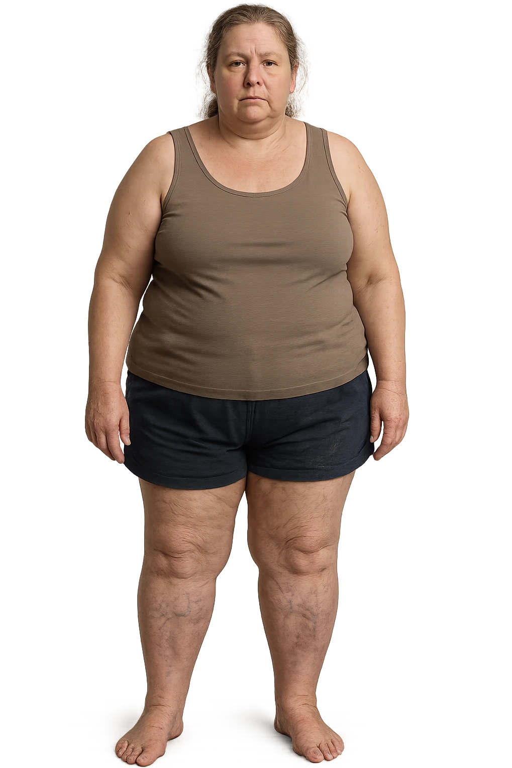 donna realistica leggermente in sovrappeso con vene visibili sulle gambe e gambe gonfie, iperrealistica 4k, IPERREALISTICA 4K emoji