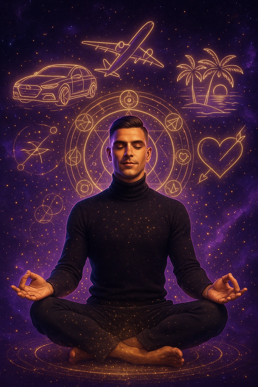 "Un uomo in meditazione fluttuante nello spazio cosmico, circondato da particelle dorate e simboli alchemici. Intorno a lui, oggetti e situazioni dei suoi desideri (auto, viaggi, amore) si materializzano come ologrammi luminosi. Stile cyber-mistico, colori viola e oro." emoji